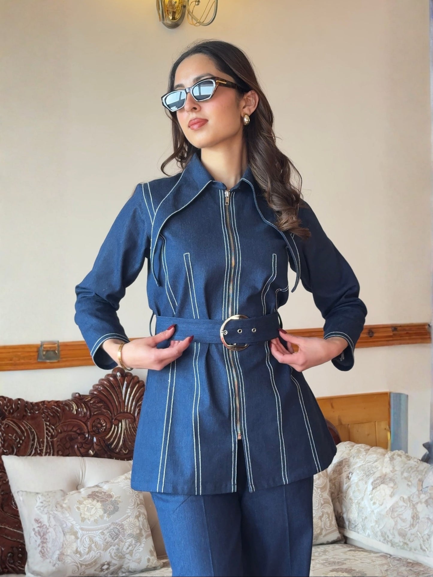 Deep Blue Denim Co-ord Set With Belt