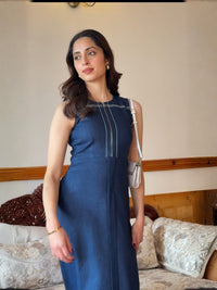 Deep Blue Denim Long Dress With Belt