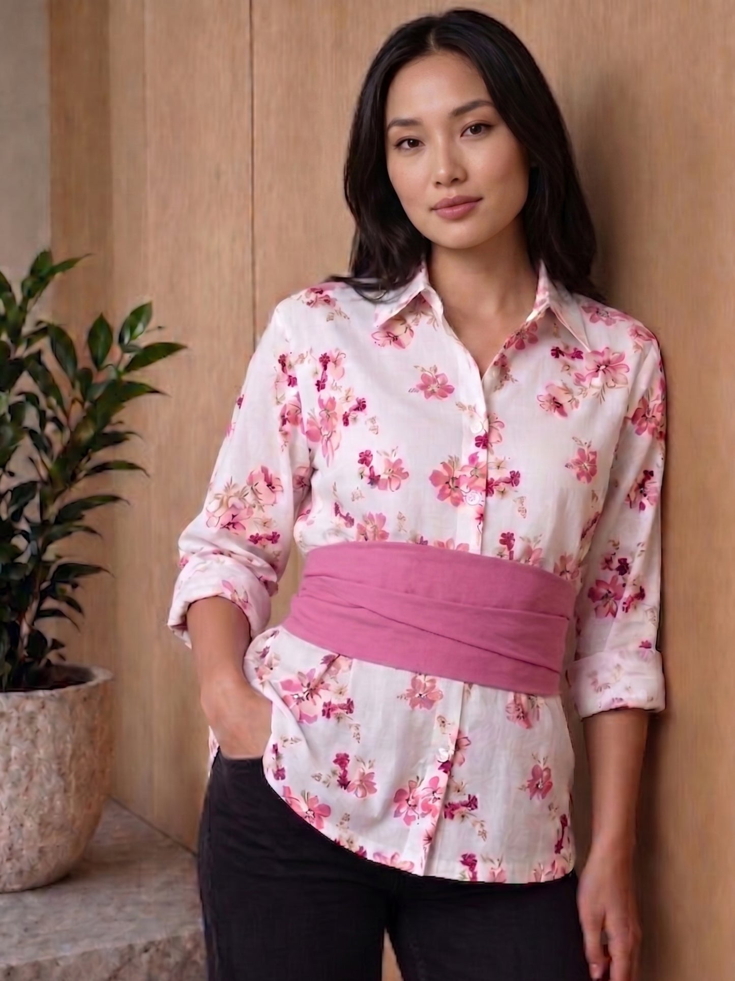 Mauve Pink Cotton Floral Shirt With Bow