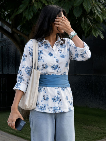 Dark Blue Cotton Floral Shirt With Bow