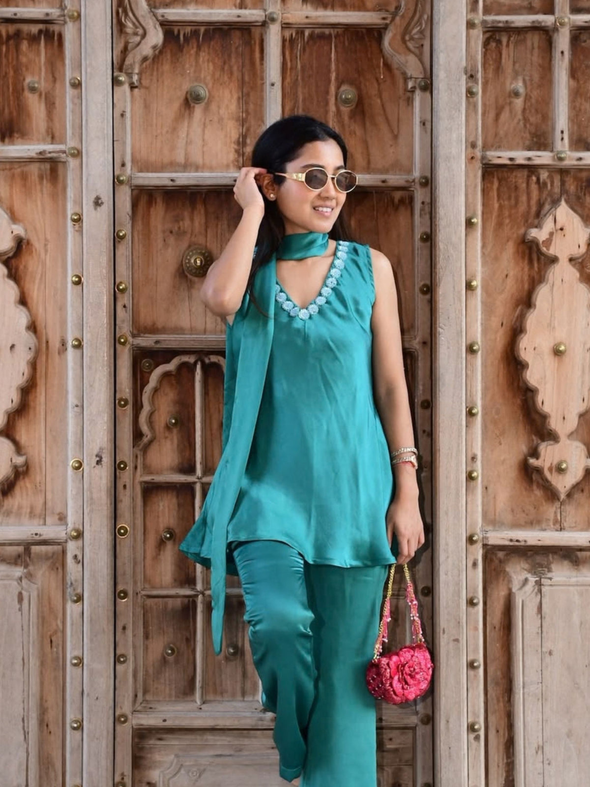 Teal Scarf-Neck Co-ord Set
