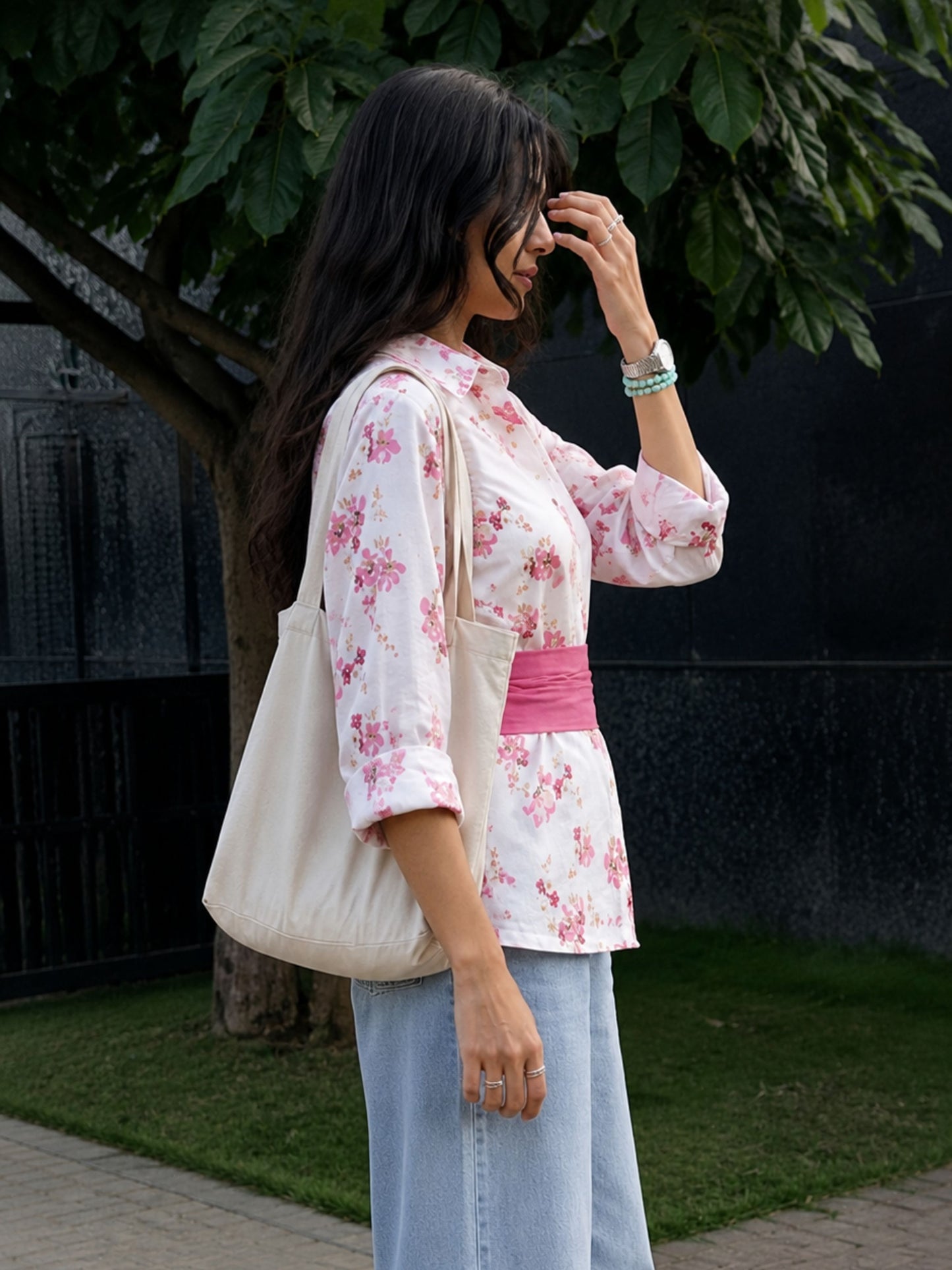 Mauve Pink Cotton Floral Shirt With Bow