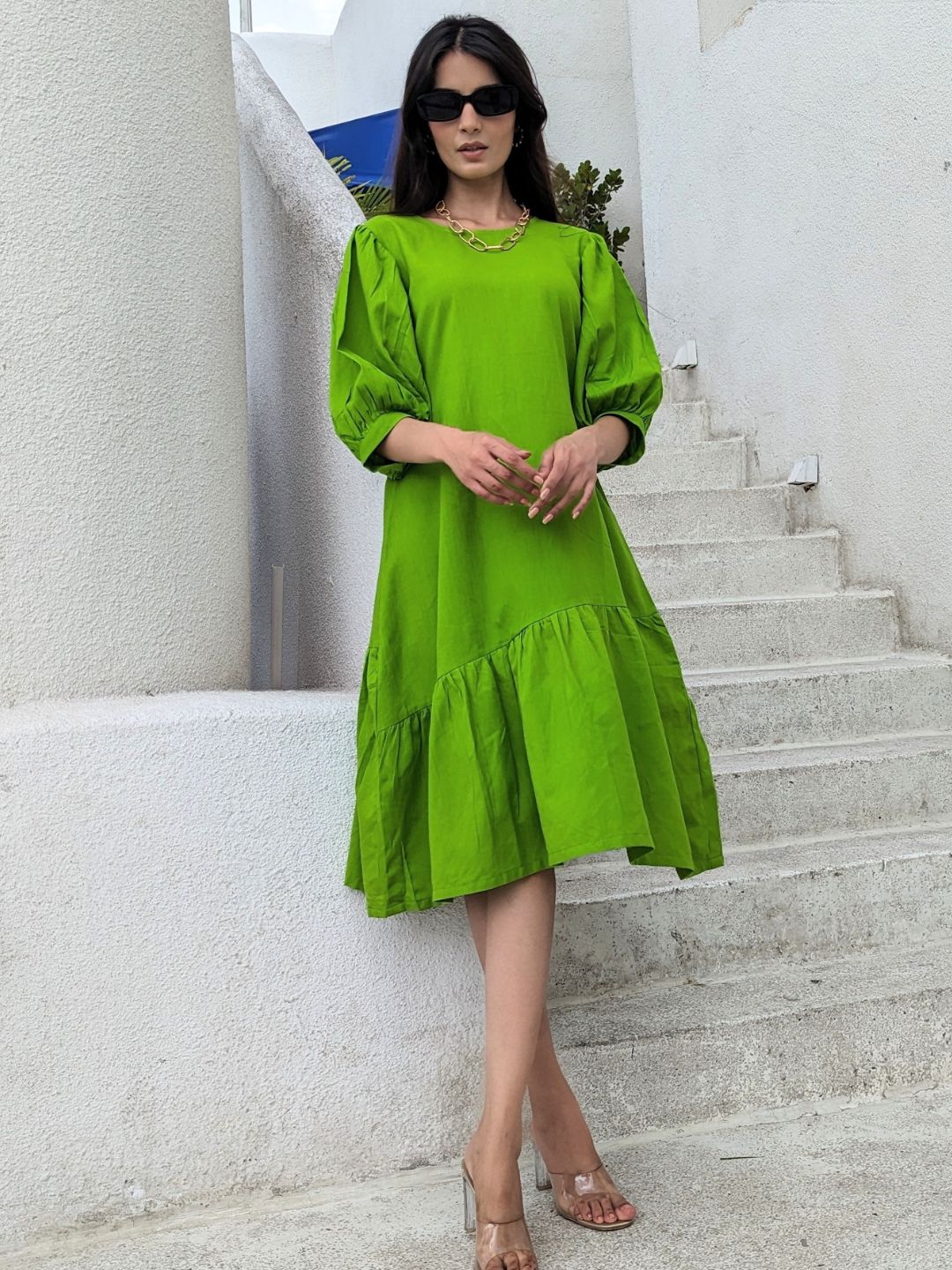 Textured Green Cotton Flex Dress