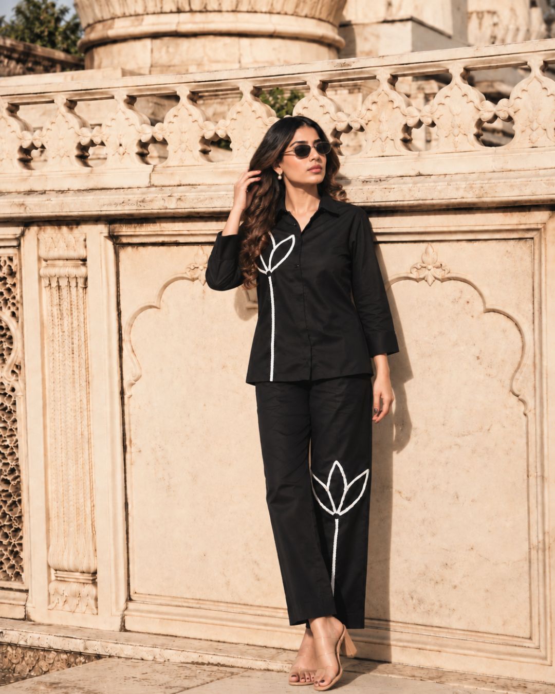 Black Italian Cotton Co-ord Set With Lace detailing