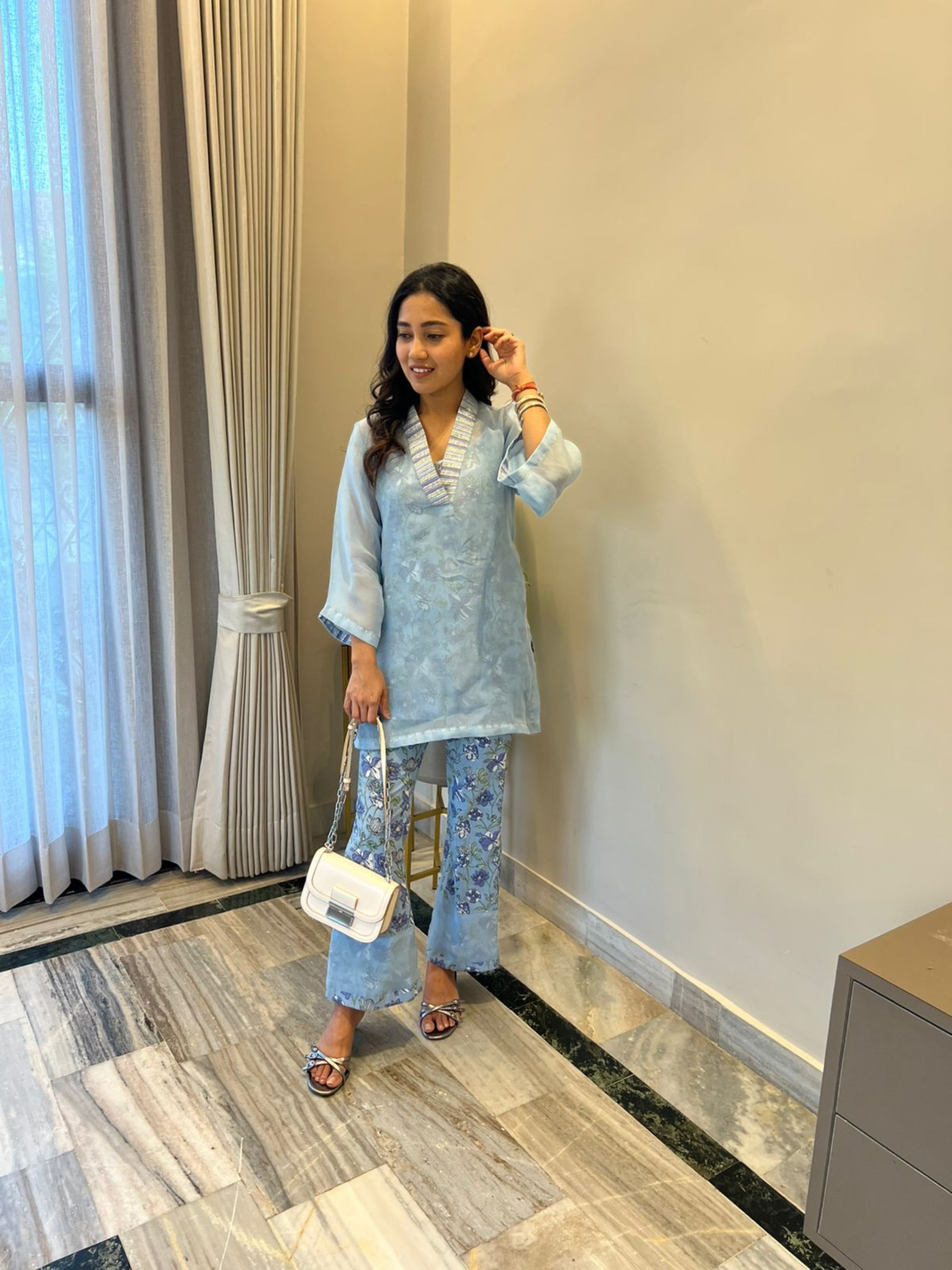 Blue Petal Whisper 3 piece Organza Cor-ord Set