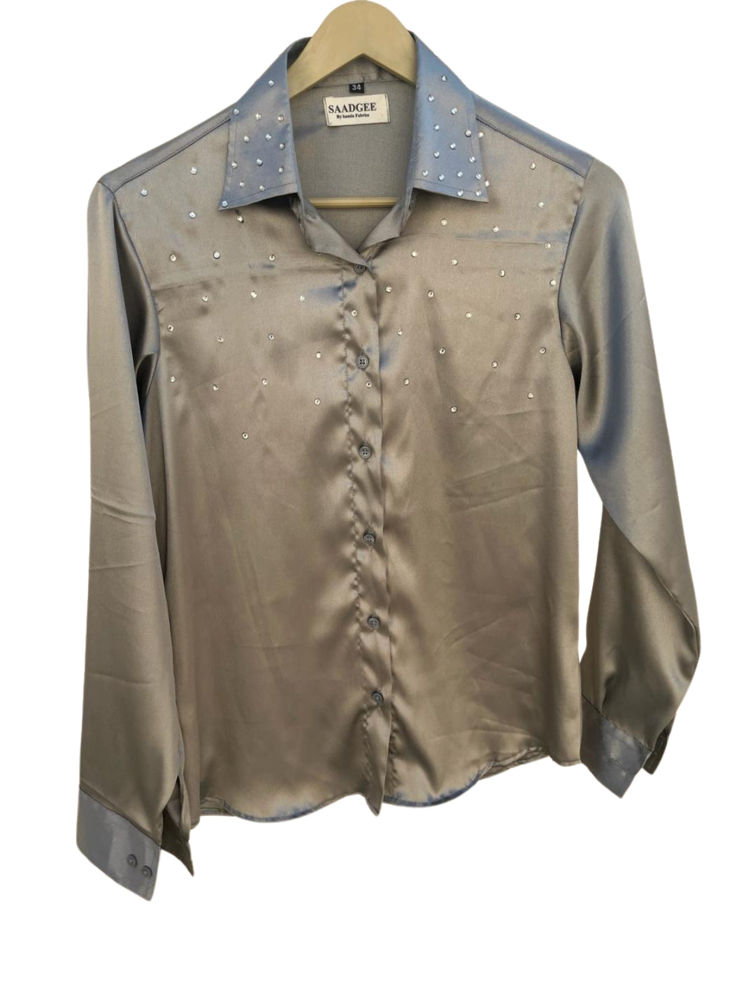 Silver Satin Rhinestone Detailing Shirt
