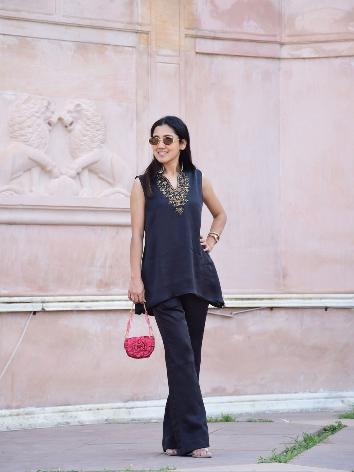Black Statement V-Neck Cord Set