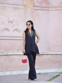 Black Statement V-Neck Cord Set