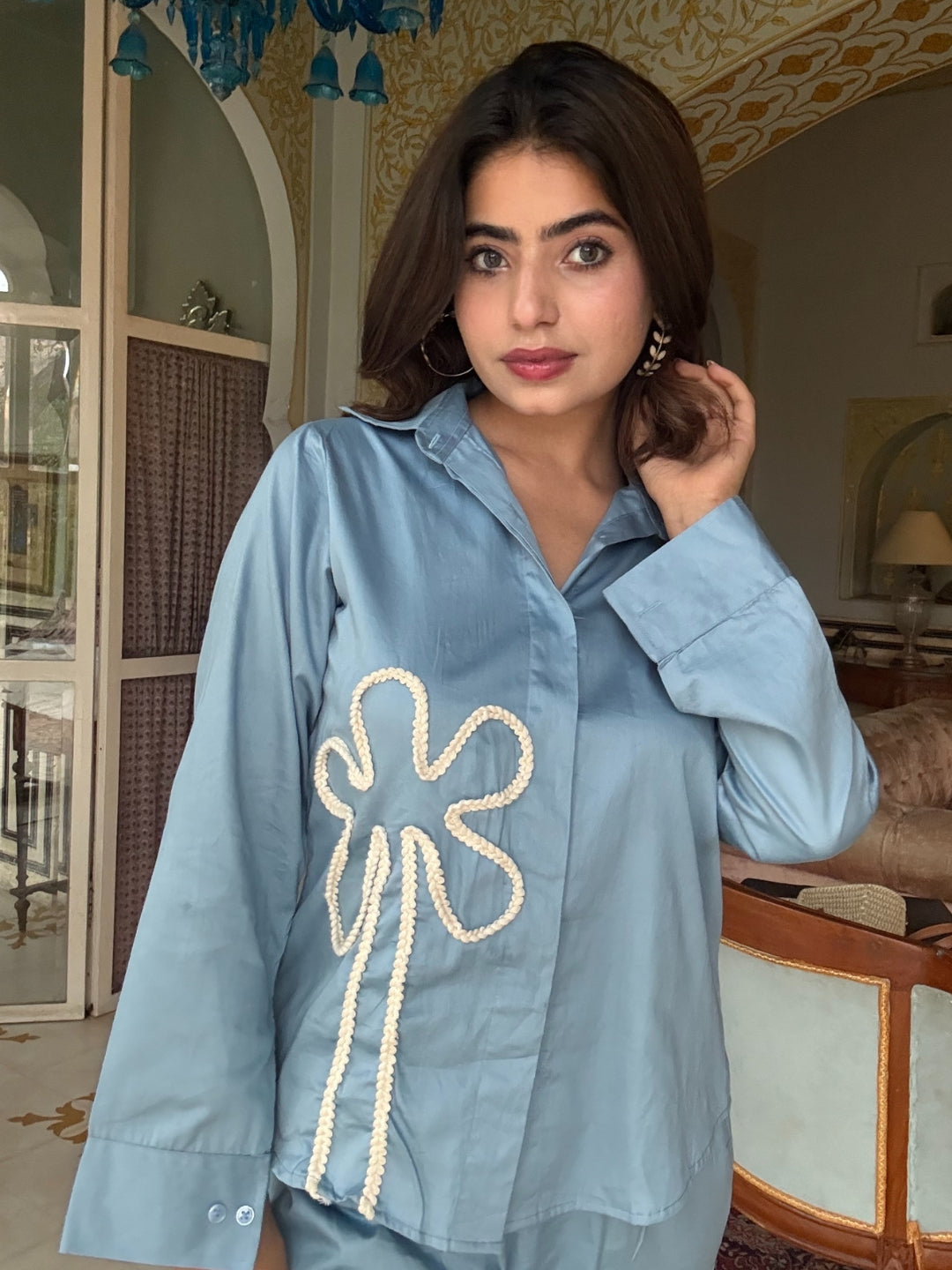 Blue Italian Cotton Co-ord Set With Lace detaling