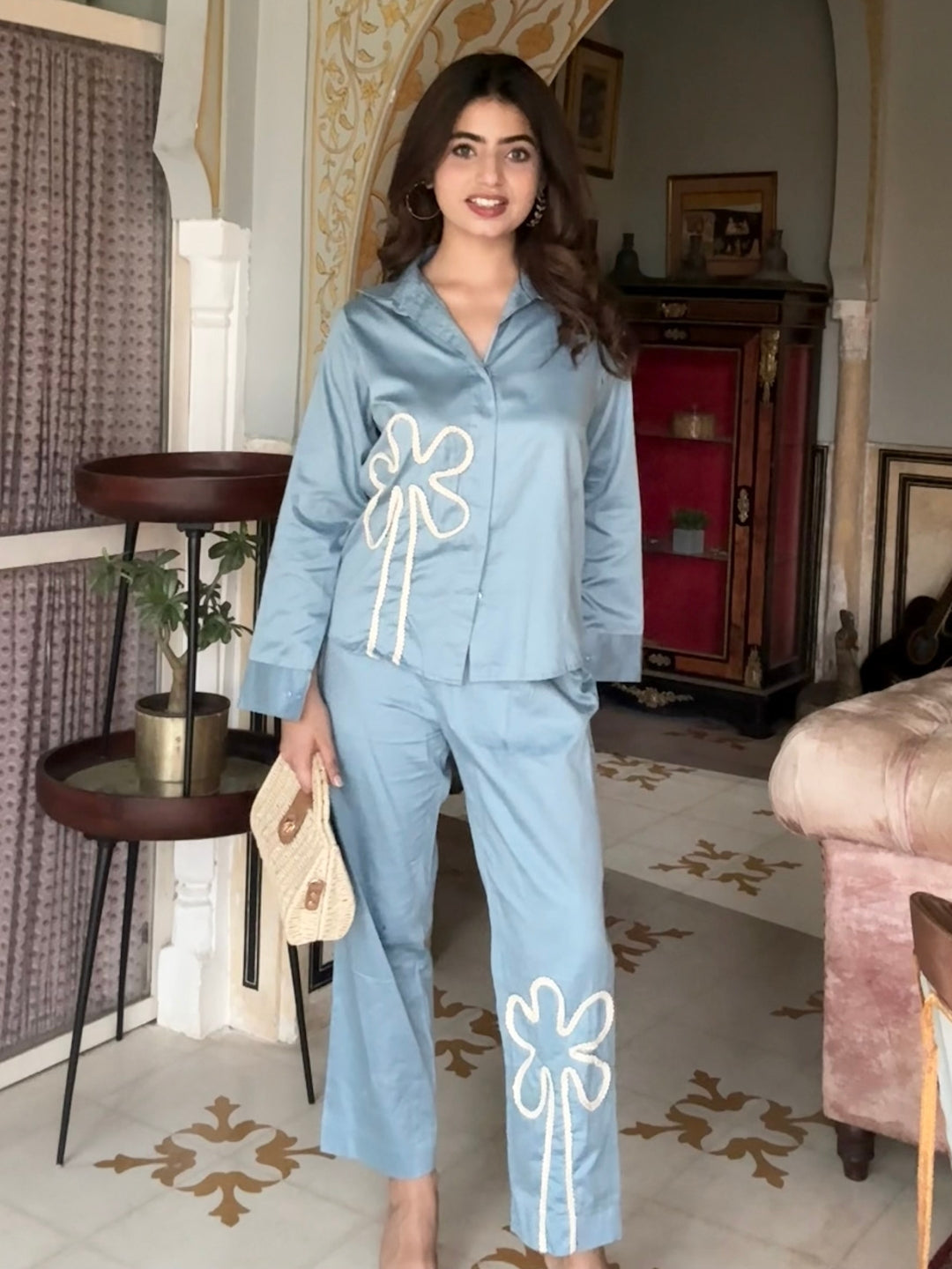 Blue Italian Cotton Co-ord Set With Lace detaling