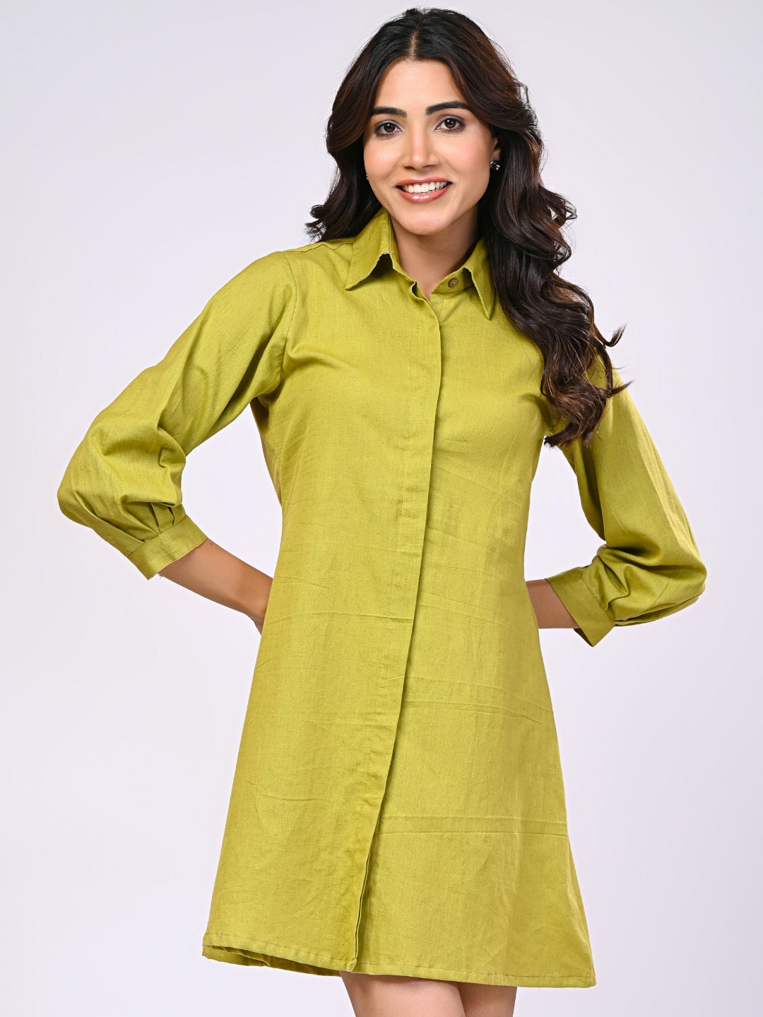 Cotton Linen Green Short Dress