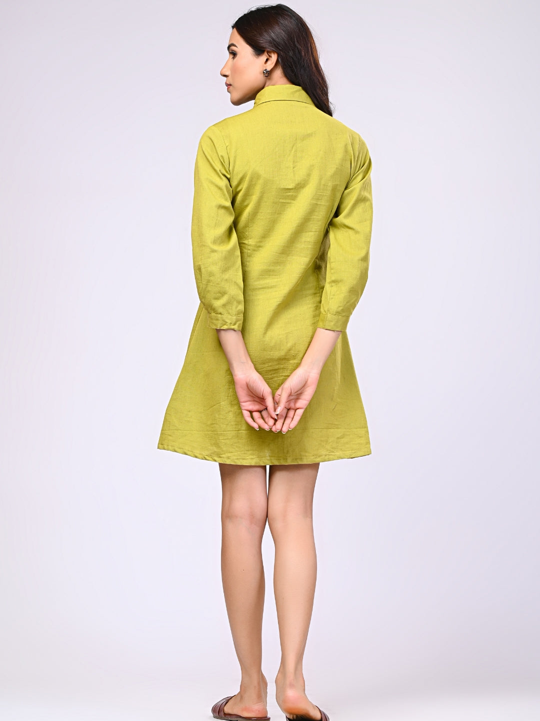 Cotton Linen Green Short Dress
