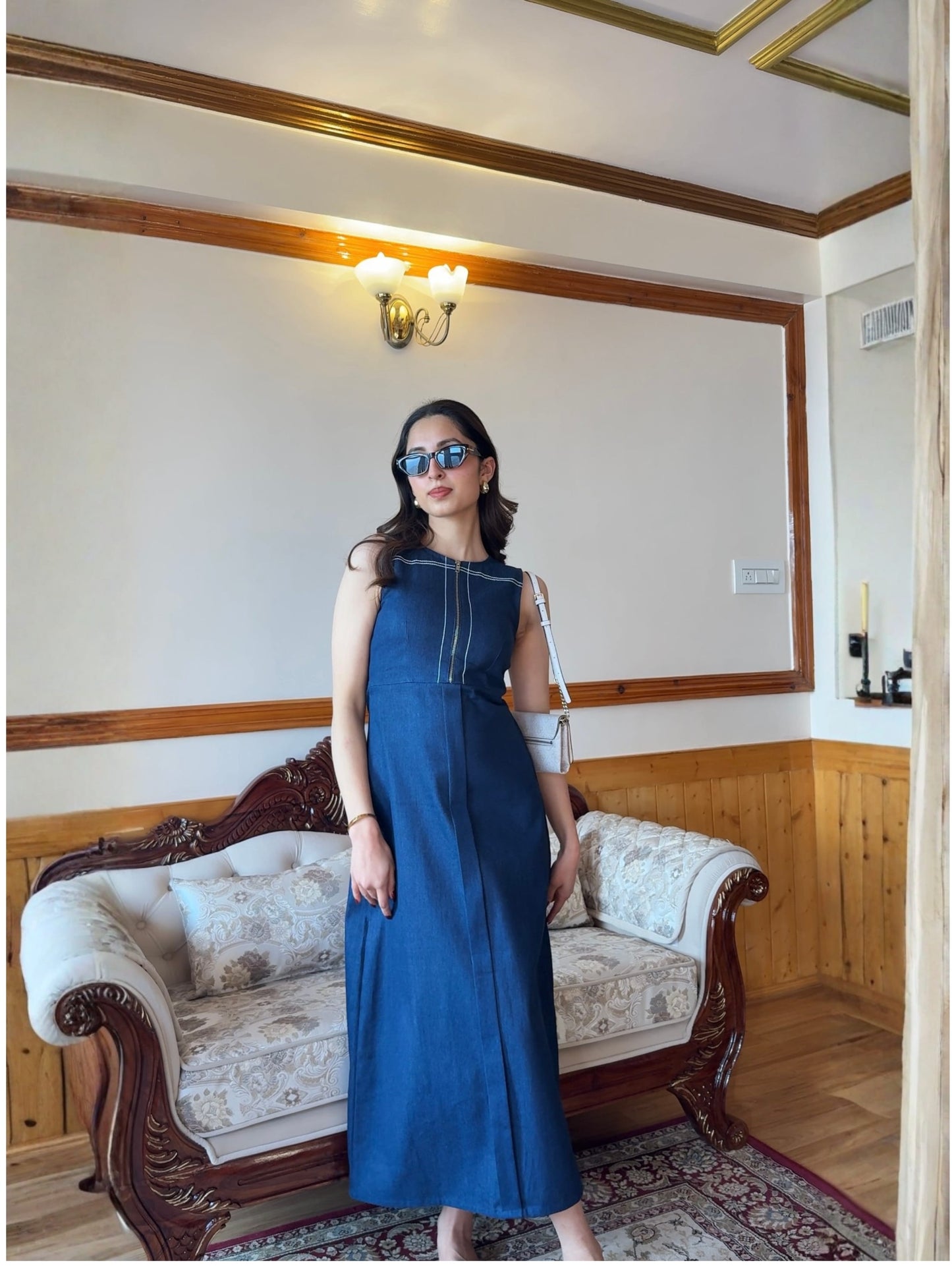 Deep Blue Denim Long Dress With Belt