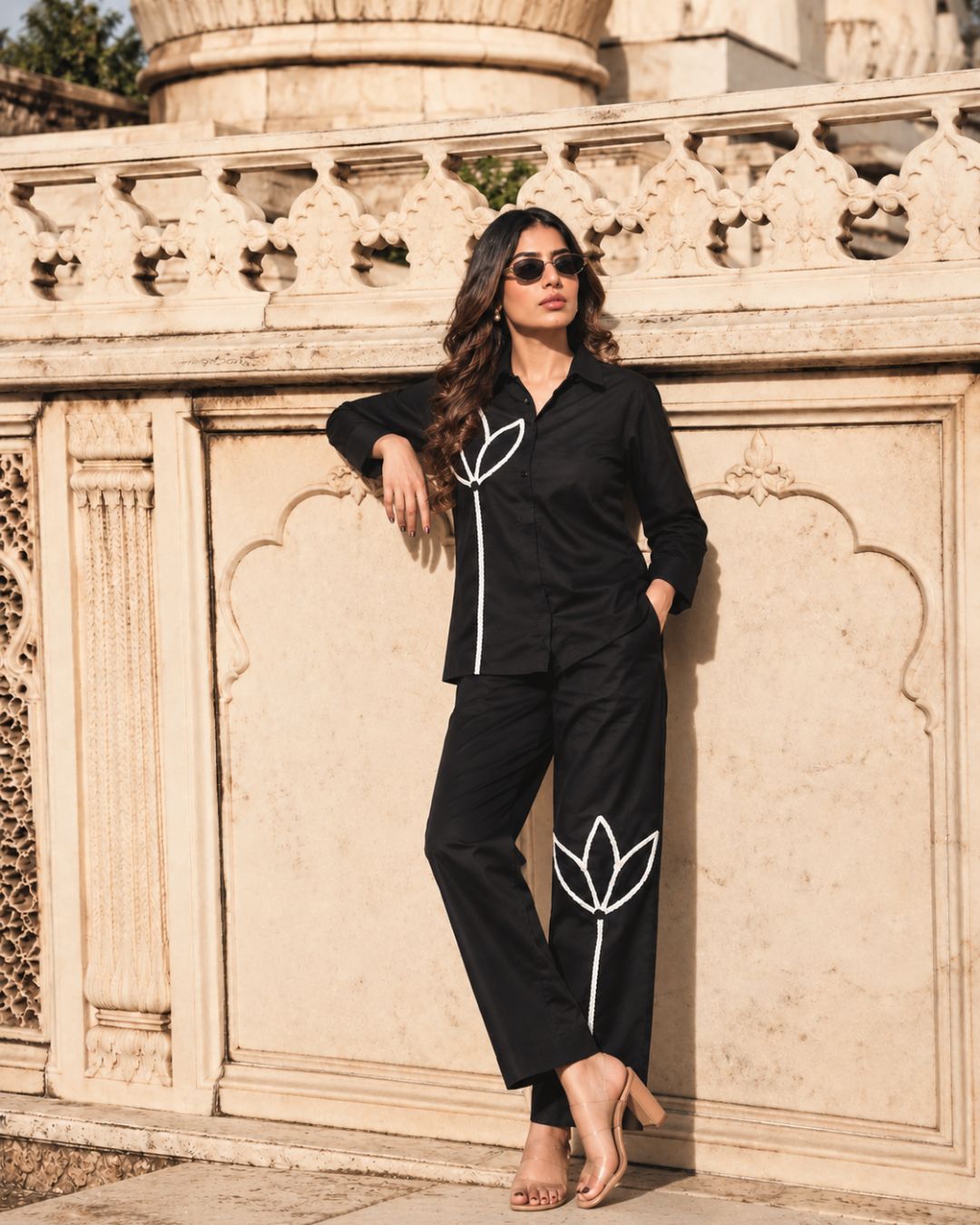 Black Italian Cotton Co-ord Set With Lace detailing