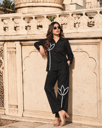 Black Italian Cotton Co-ord Set With Lace detailing