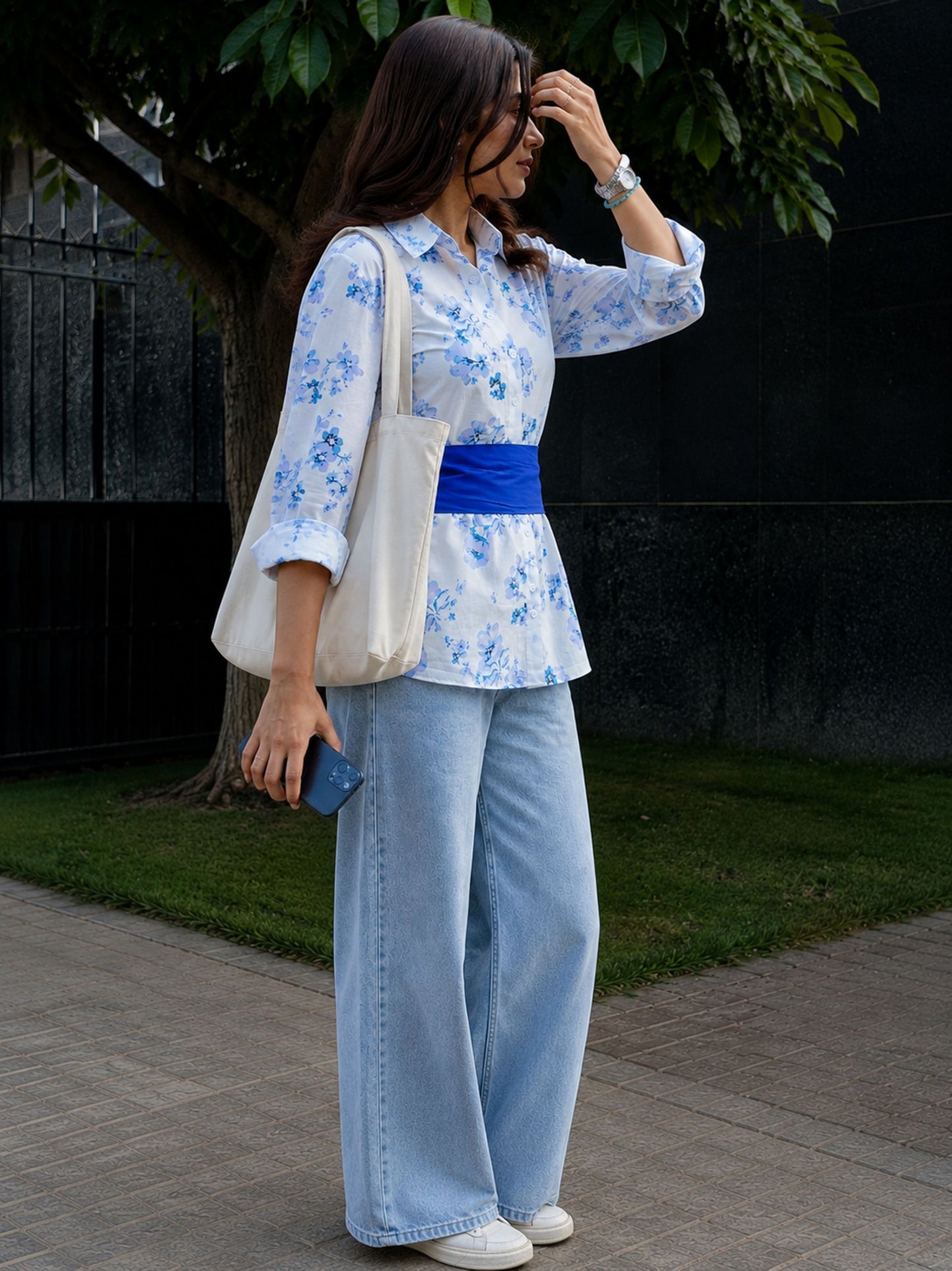 Blue Cotton Floral Shirt With Bow