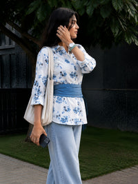 Dark Blue Cotton Floral Shirt With Bow