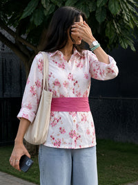 Mauve Pink Cotton Floral Shirt With Bow