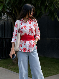 Red Cotton Floral Shirt With Bow
