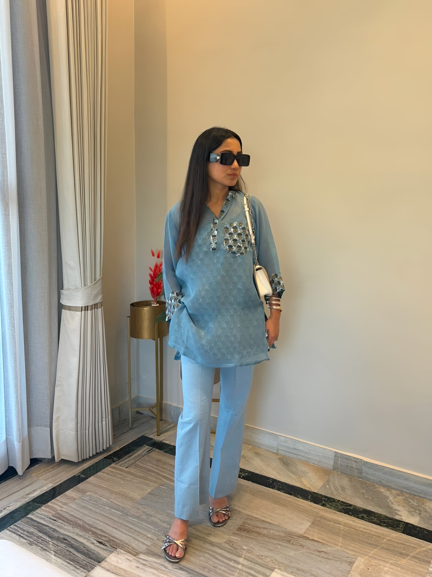 Blue Blossom 3 piece Organza Cor-ord Set