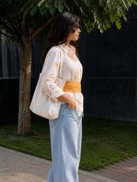 Mustard Cotton Floral Shirt With Bow