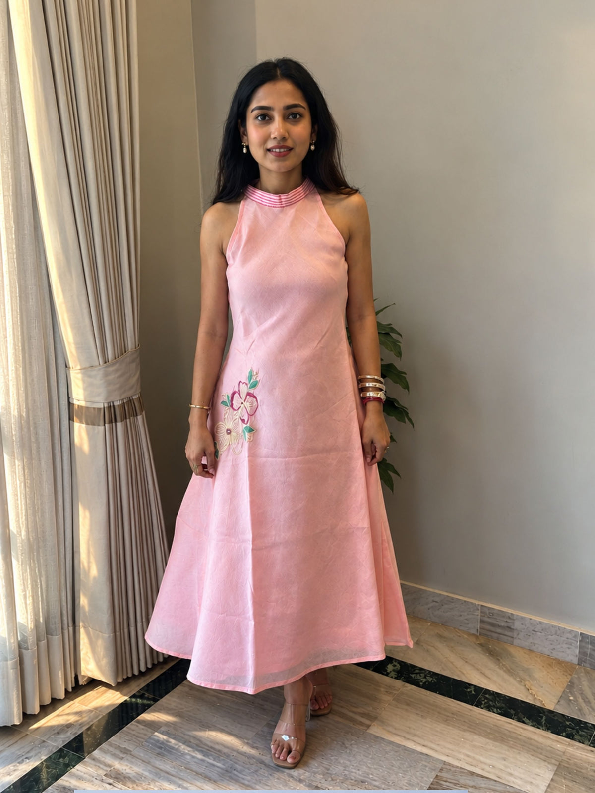 Pastel Pink Halter Neck Floral Details