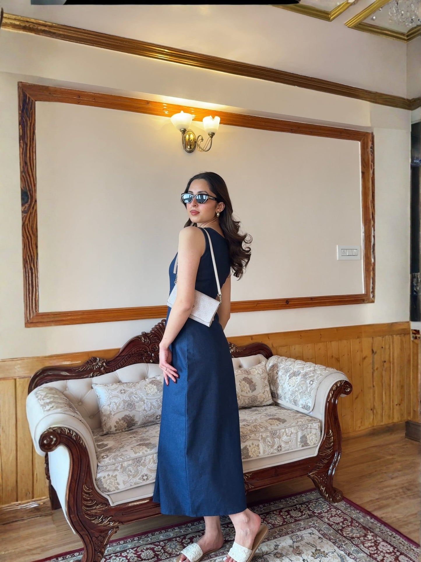 Deep Blue Denim Long Dress With Belt