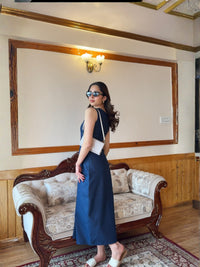 Deep Blue Denim Long Dress With Belt