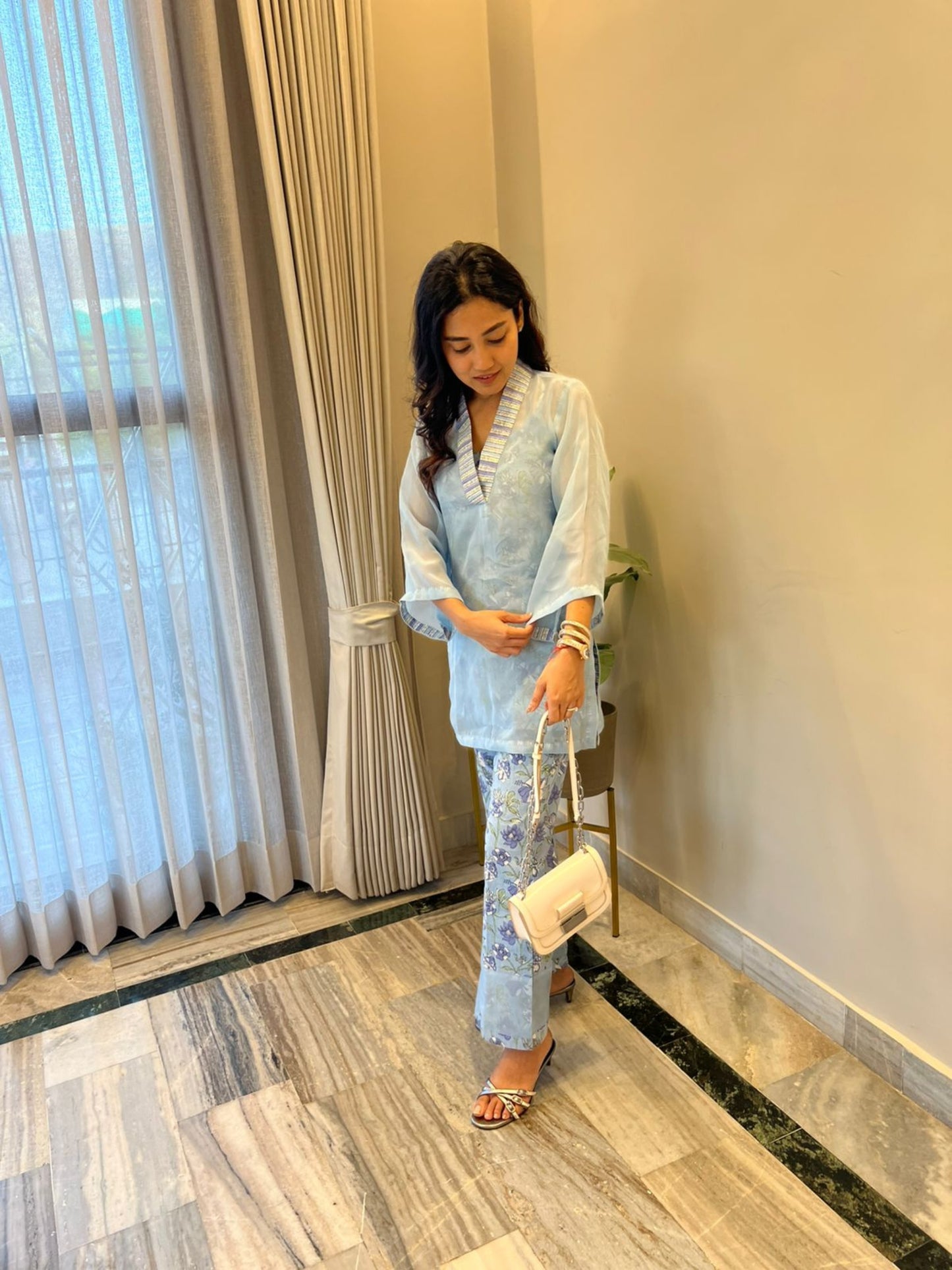 Blue Petal Whisper 3 piece Organza Cor-ord Set