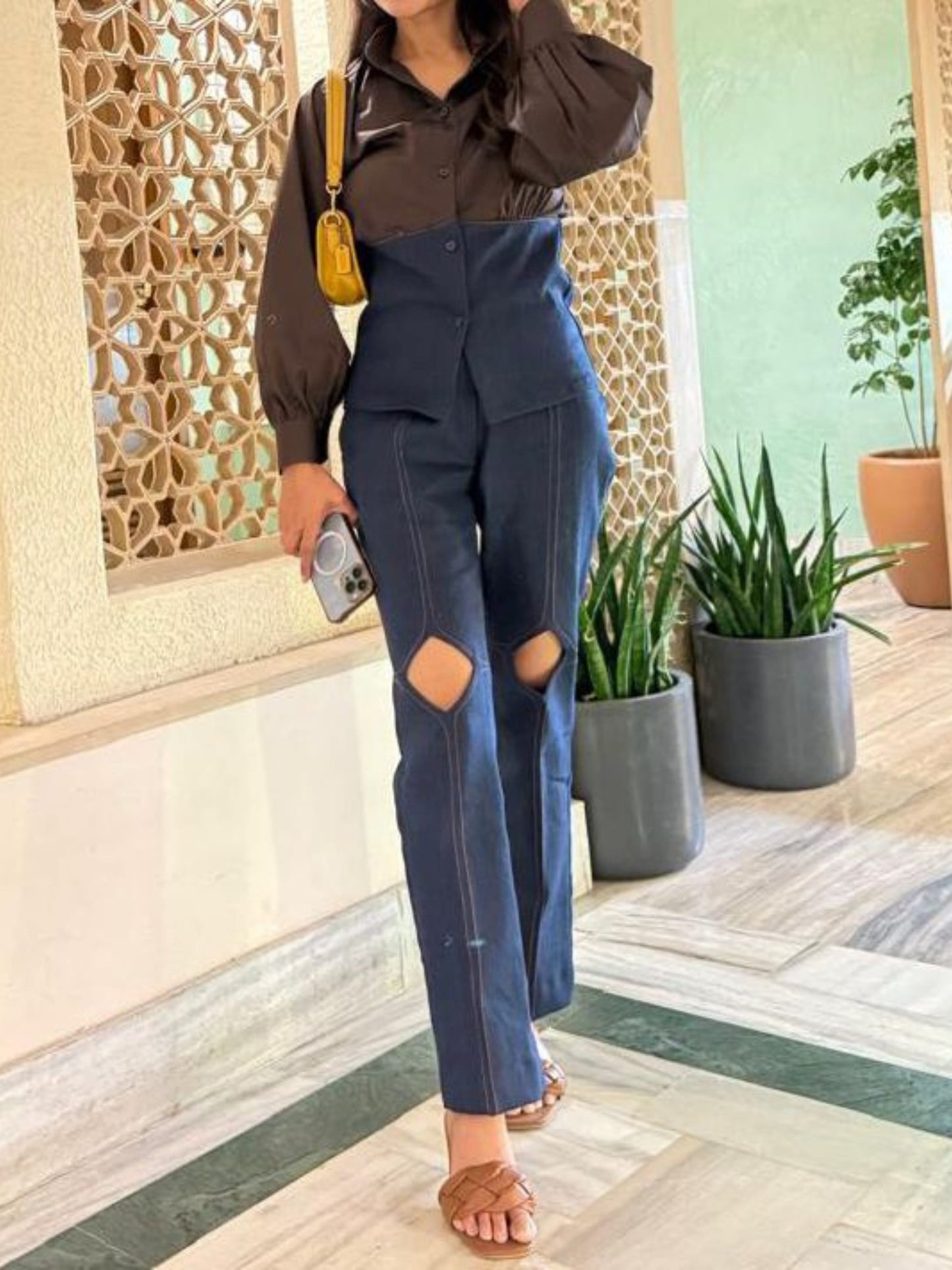 Dual Tone Denim Co-ord Set With Knee Cutouts