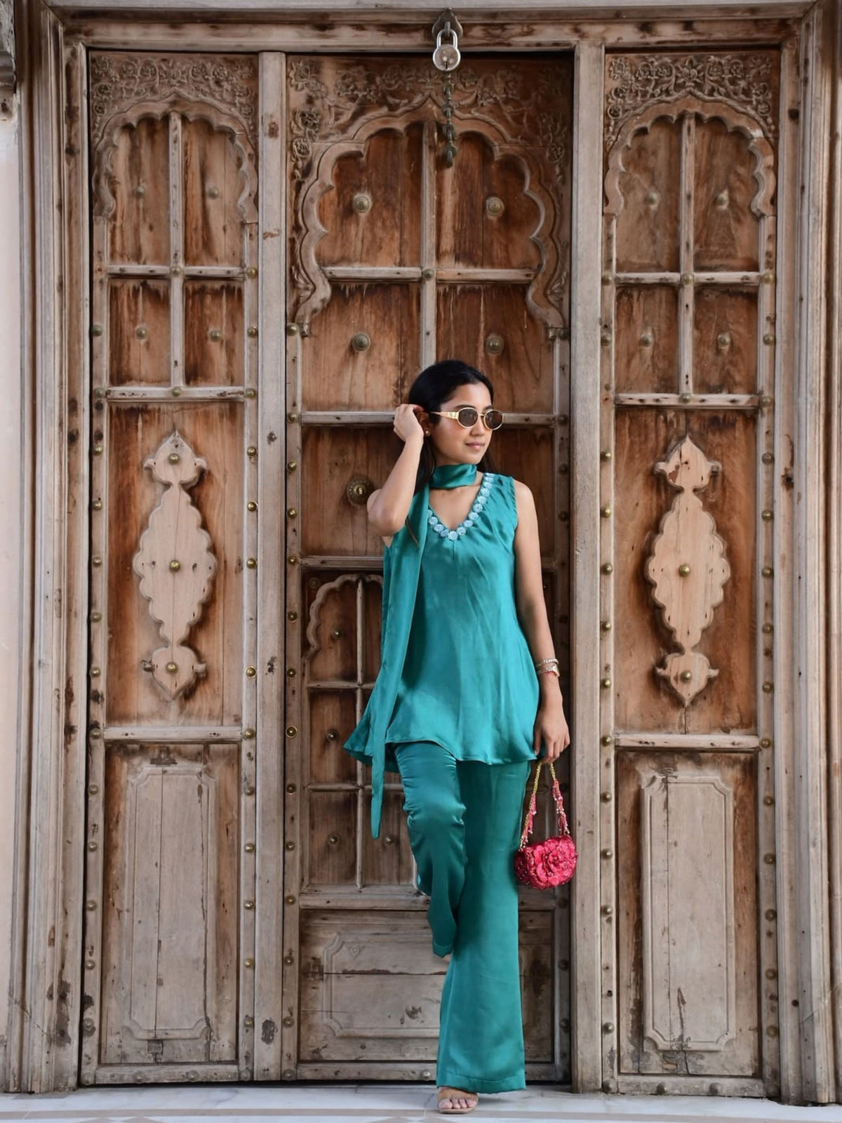 Teal Scarf-Neck Co-ord Set