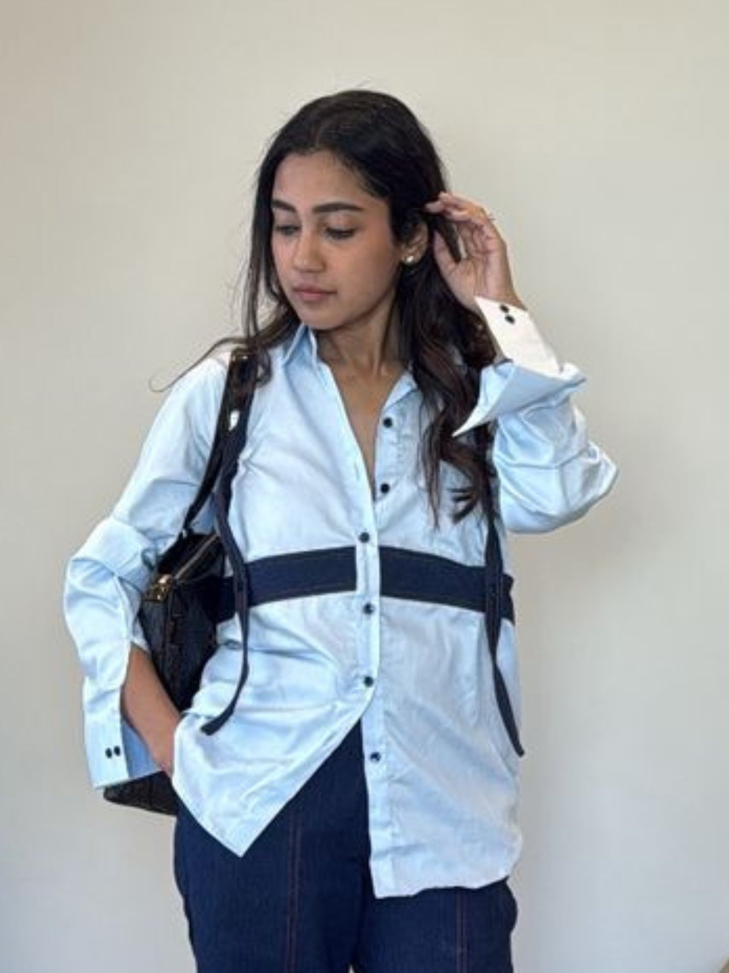 Blue Contrast Panel Cotton Shirt