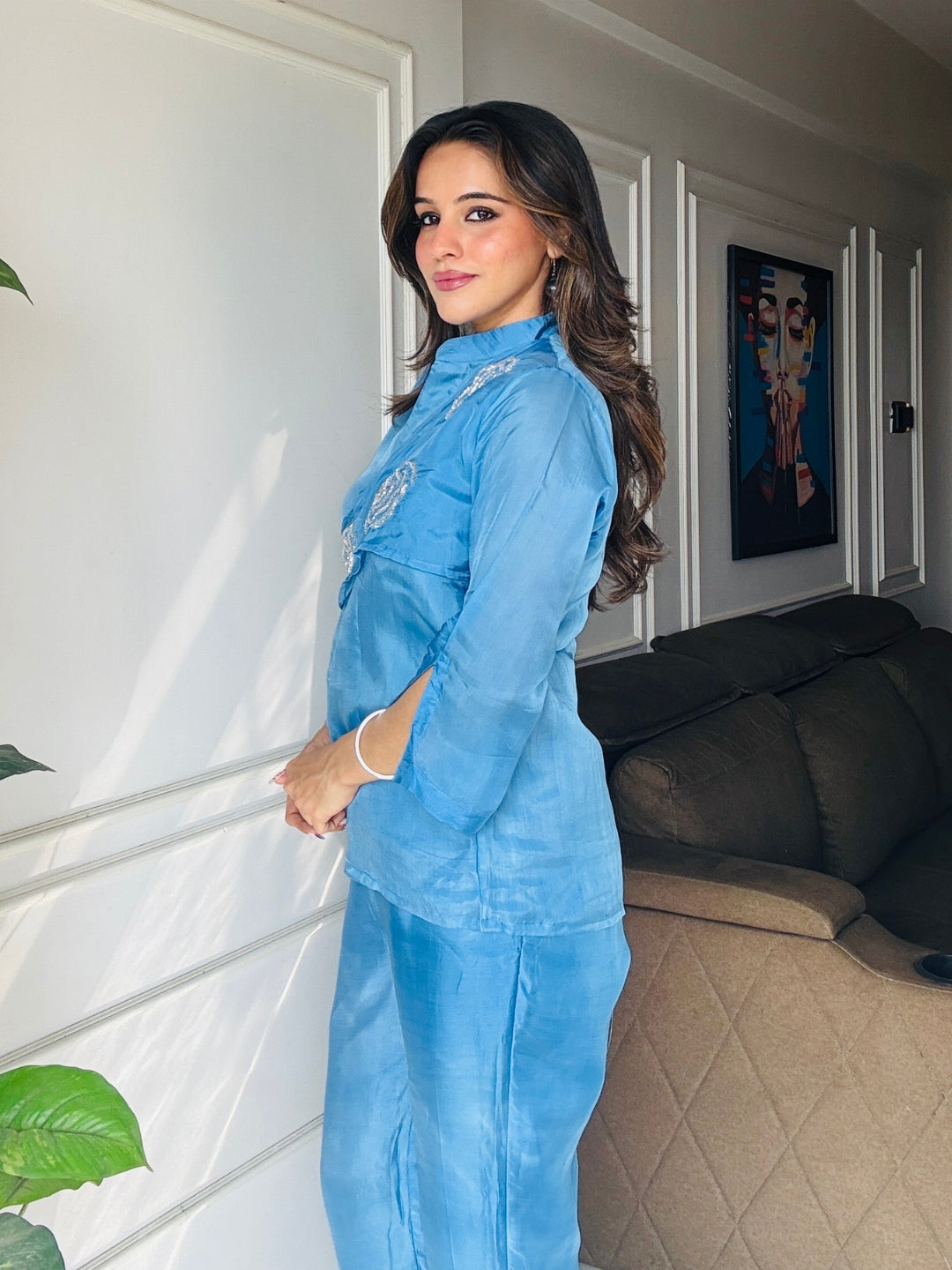 Blue Summer Silk Co-ord Set With Cutwork Detailing