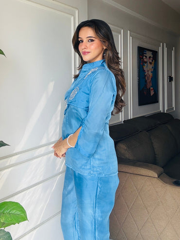 Blue Summer Silk Co-ord Set With Cutwork Detailing