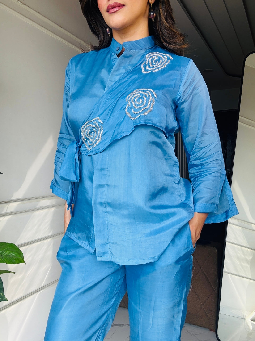Blue Summer Silk Co-ord Set With Cutwork Detailing