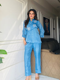 Blue Summer Silk Co-ord Set With Cutwork Detailing