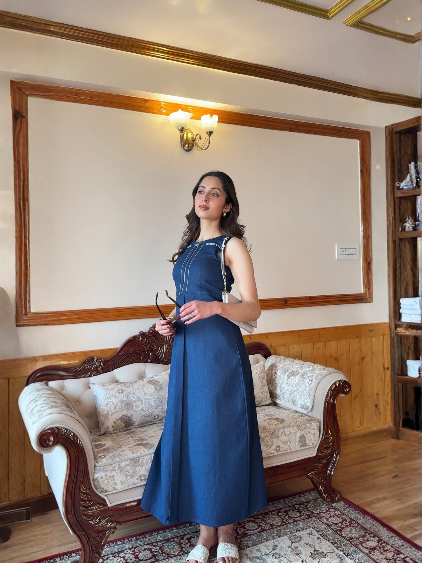 Deep Blue Denim Long Dress With Belt