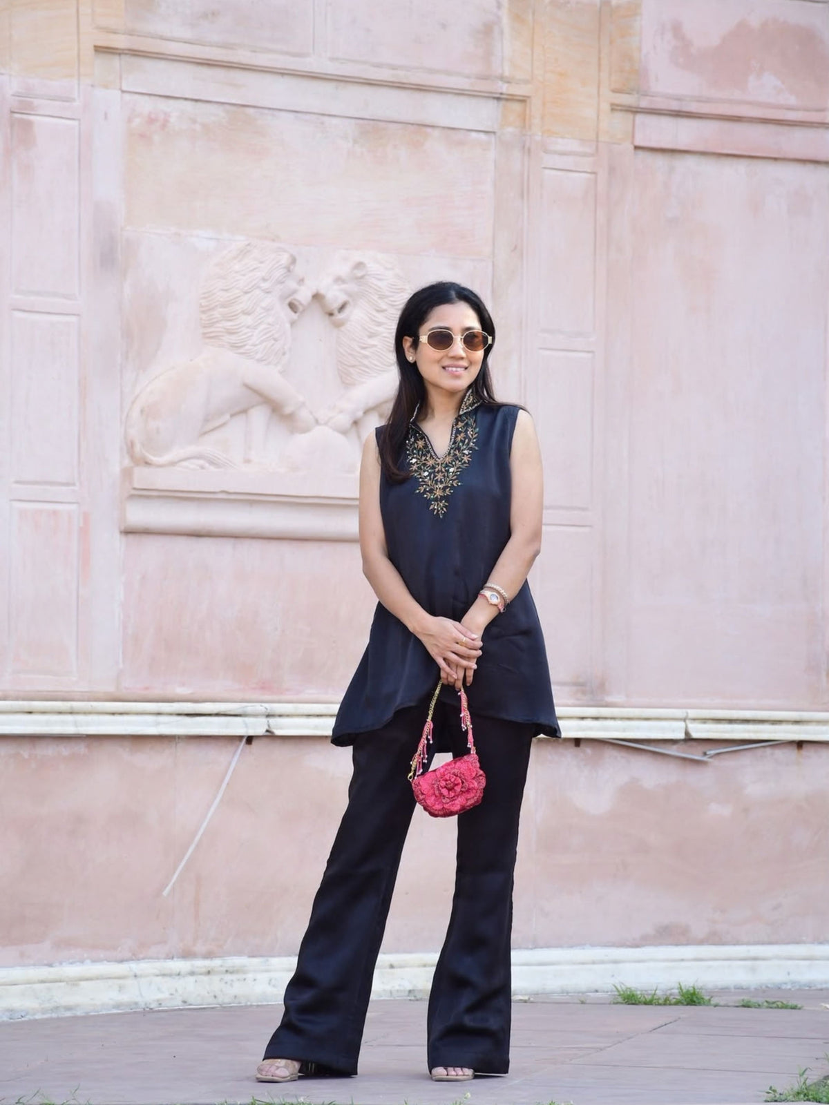Black Statement V-Neck Cord Set
