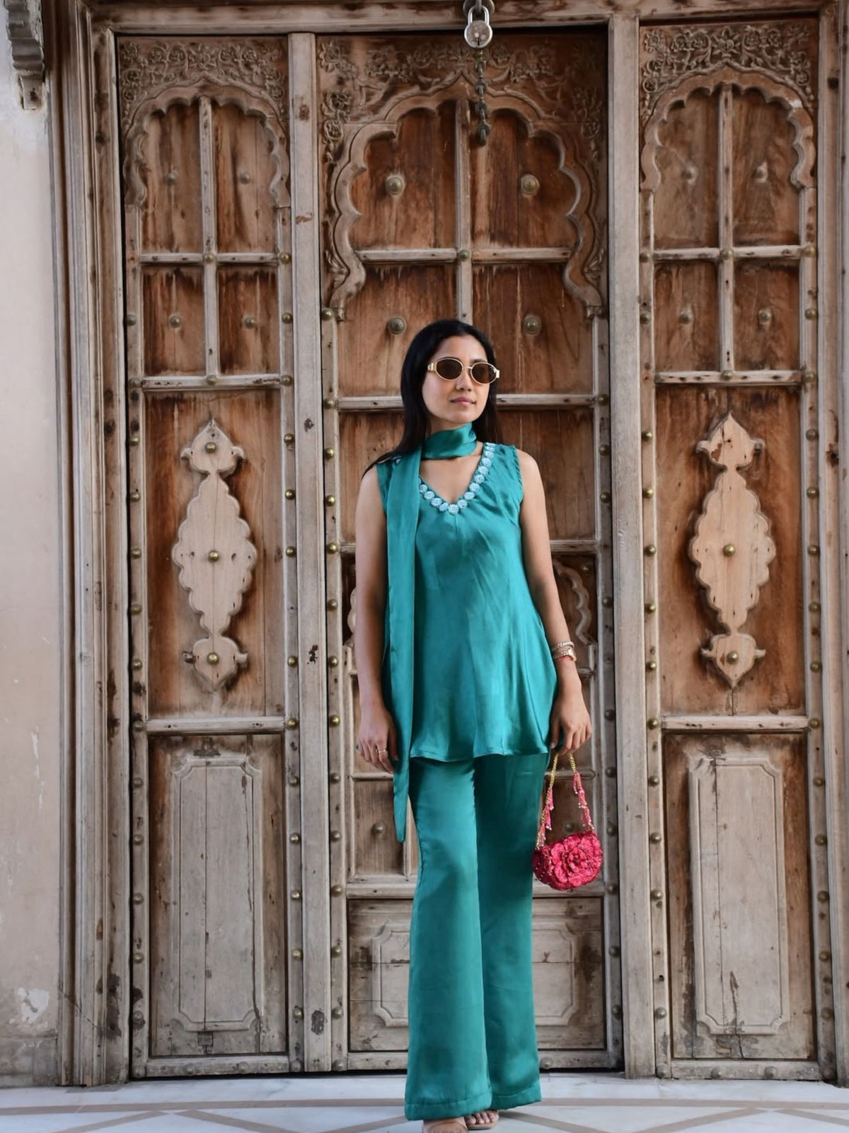 Teal Scarf-Neck Co-ord Set