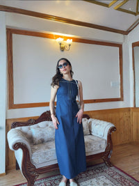 Deep Blue Denim Long Dress With Belt