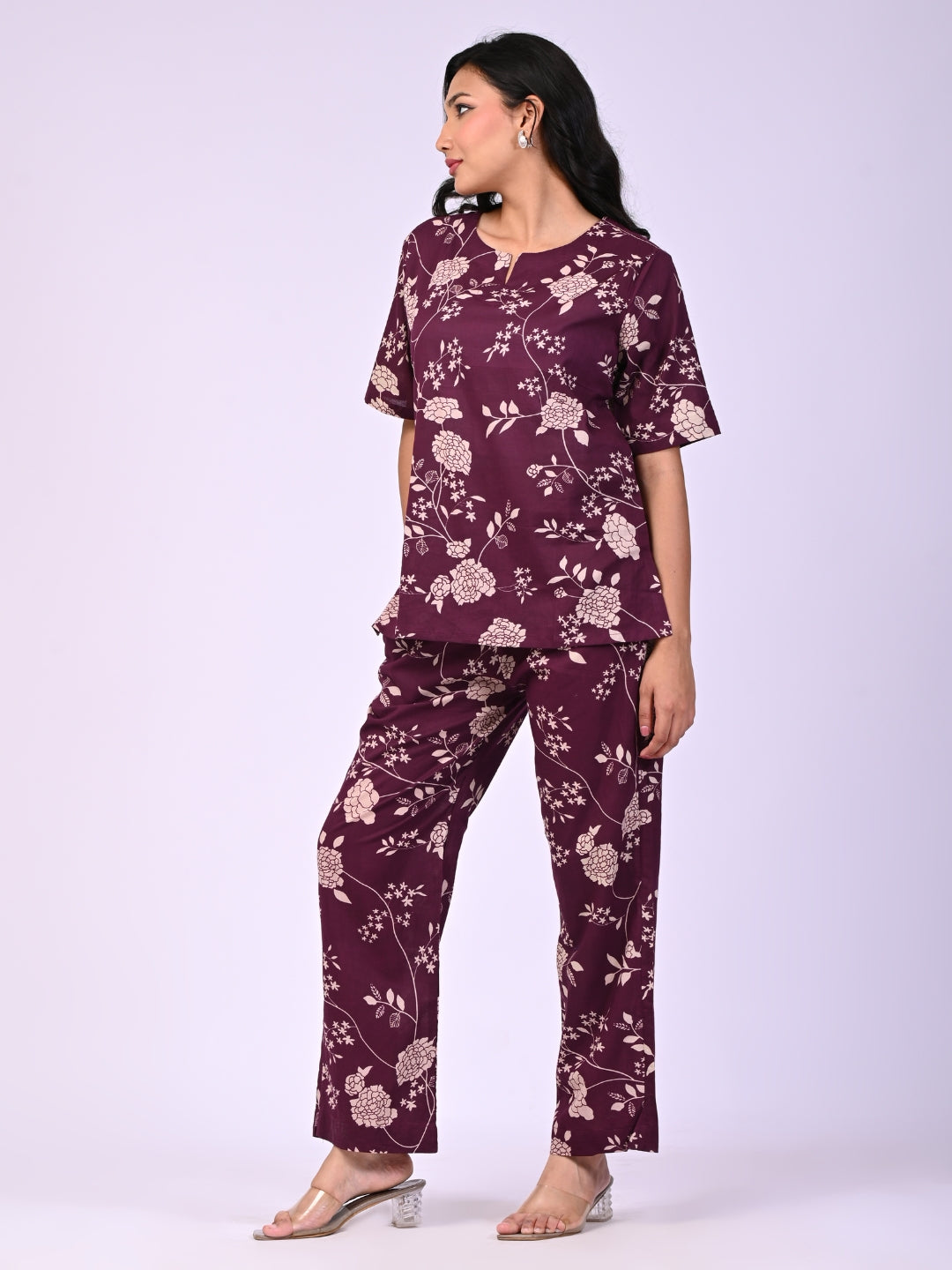 Wine Pure Cotton Floral Printed Co-ord Set