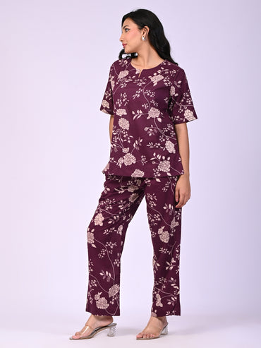 Wine Pure Cotton Floral Printed Co-ord Set