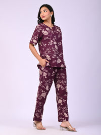 Wine Pure Cotton Floral Printed Co-ord Set