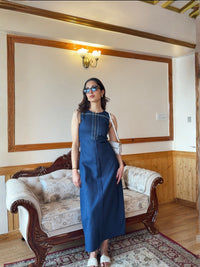 Deep Blue Denim Long Dress With Belt