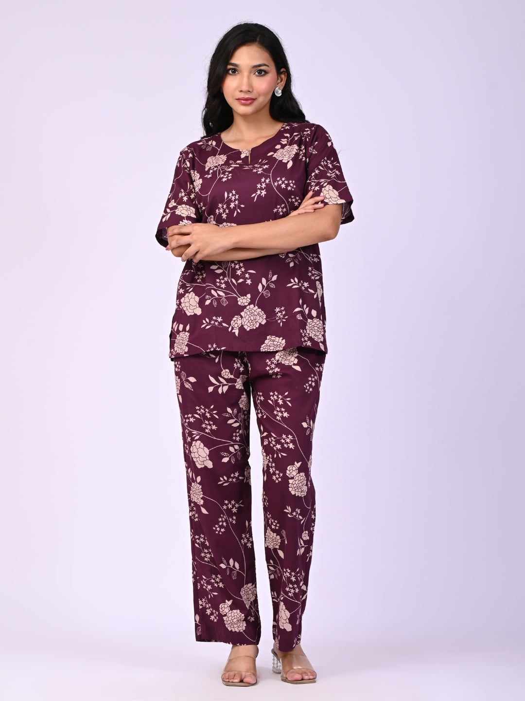Wine Pure Cotton Floral Printed Co-ord Set