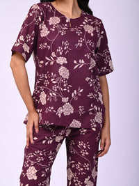 Wine Pure Cotton Floral Printed Co-ord Set