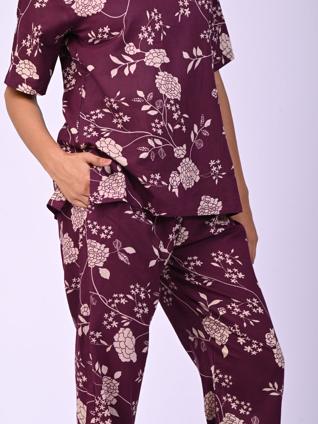 Wine Pure Cotton Floral Printed Co-ord Set
