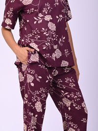 Wine Pure Cotton Floral Printed Co-ord Set
