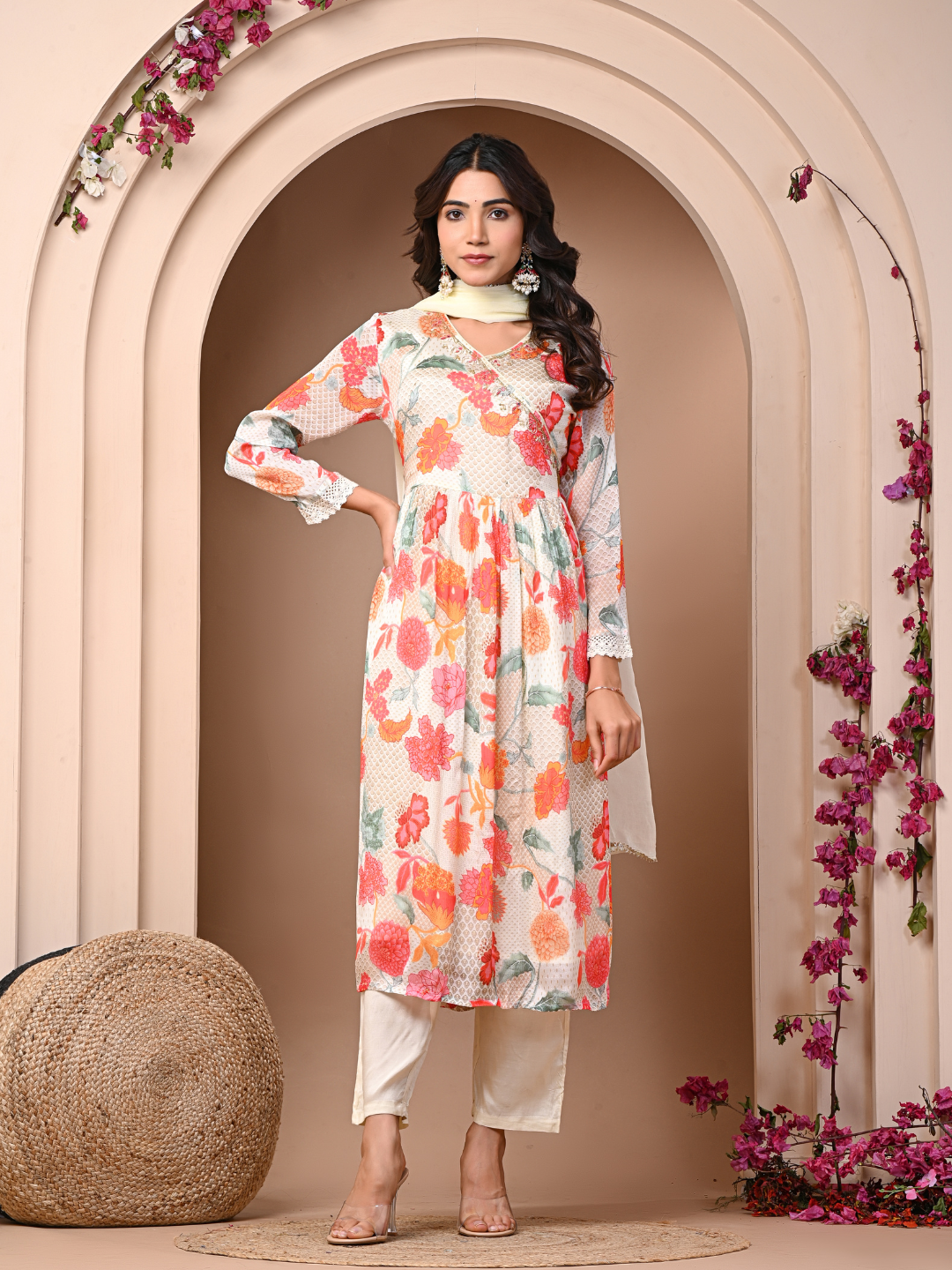Off-white 3 Pc Chinnon & Shantoon Suit Set