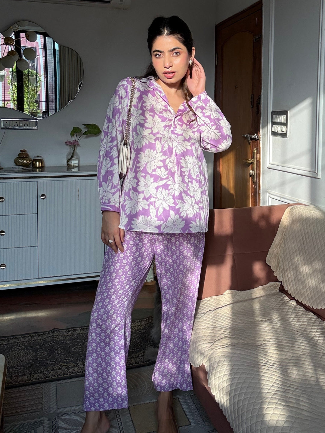 Purple Pure Cotton Floral Printed Co-ord Set